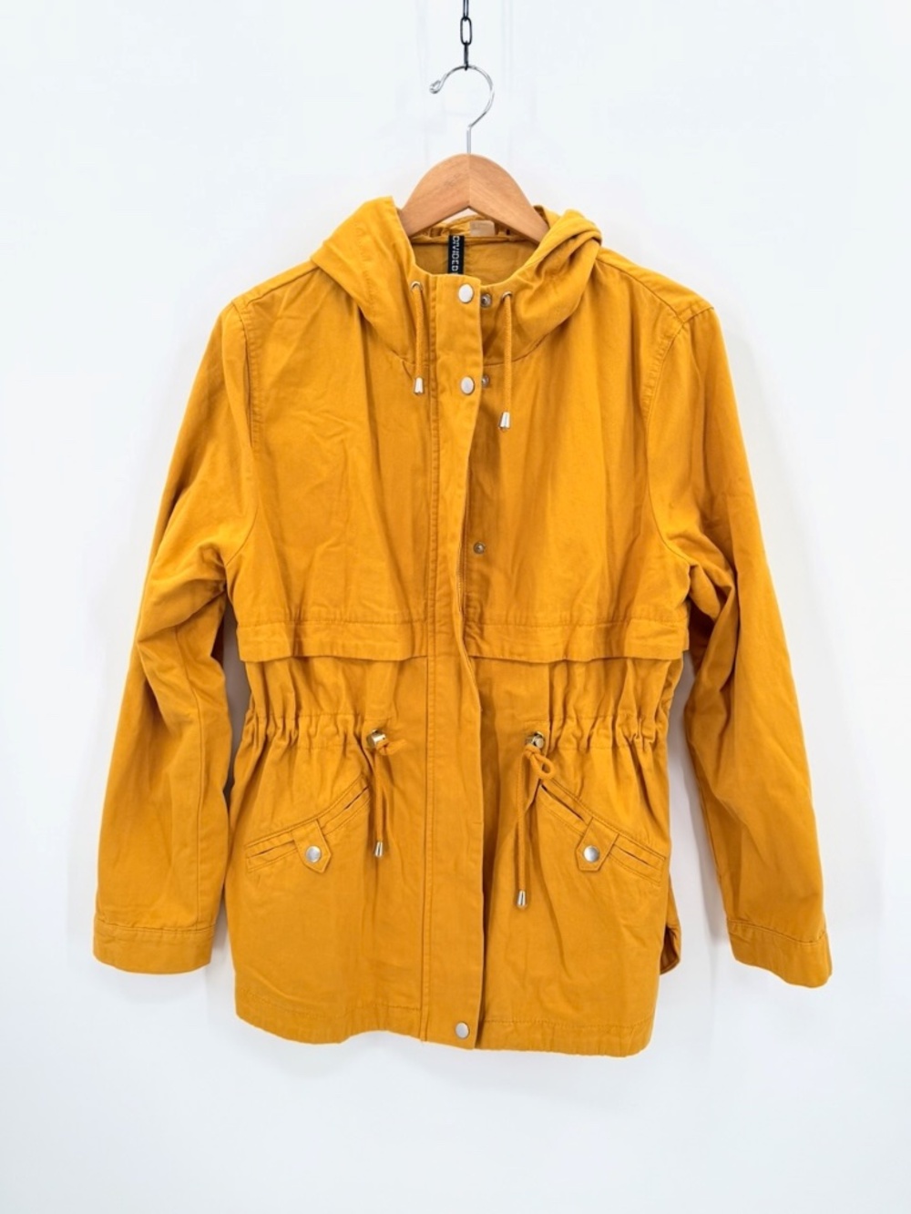 H&M Divided NWT Women's Mustard Yellow Hooded Utility Jacket Drawstring Size L
